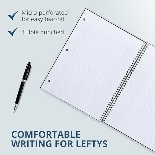 ROARING SPRING Lefty Spiral Notebook, Left-Handed One Subject Notebook, 3 Pack, 11" x 9", 100 Sheets, College-Ruled, Perforated, Assorted Saranac Covers, Made in USA