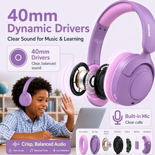 MIDOLA Kids Bluetooth Headphones Active Noise Cancelling Lightweight Wireless Headphone for Kid Volume Limited 85/94dB Foldable Over-Ear with Mic,68 Hours Playtime,for Toddler Child Lavender Purple - color: Lavender Purple