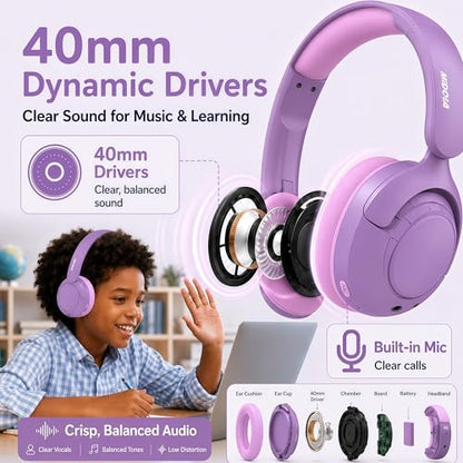 MIDOLA Kids Bluetooth Headphones Active Noise Cancelling Lightweight Wireless Headphone for Kid Volume Limited 85/94dB Foldable Over-Ear with Mic,68 Hours Playtime,for Toddler Child Lavender Purple - color: Lavender Purple