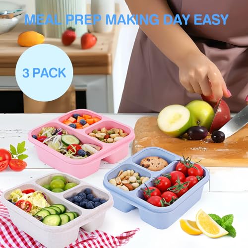 Rinwoc Bento Box [Portion Size], 3 Pack Snack Containers with 3 Compartments for Meal Prep & On-the-Go [School, Travel], Lunchable Container Reusable and BPA-Free - size: Small