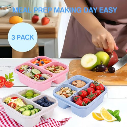 Rinwoc Bento Box [Portion Size], 3 Pack Snack Containers with 3 Compartments for Meal Prep & On-the-Go [School, Travel], Lunchable Container Reusable and BPA-Free - size: Small