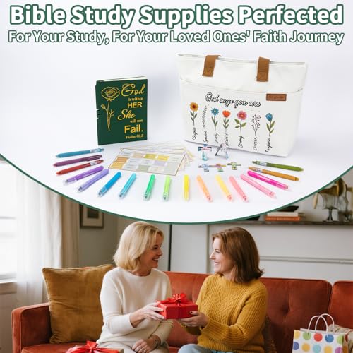 25 PCS Bible Study Supplies Kit, Large Capacity Canvas Tote Bag for Women Organizer, Bible Highlighters and Quick Dry Pens No Bleed Through, Notebook Bible Tabs Cross Bookmark Journaling Accessories - color: White