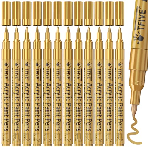 TFIVE 12 Gold Acrylic Paint Markers, Permanent Paint Pens Extra Fine Tip | Metallic, Waterproof, Fade Resistant, 0.7mm Water Based Marker Pen for Rock, Wood, Plastic, Metal, Glass, Rubber - color: Gold