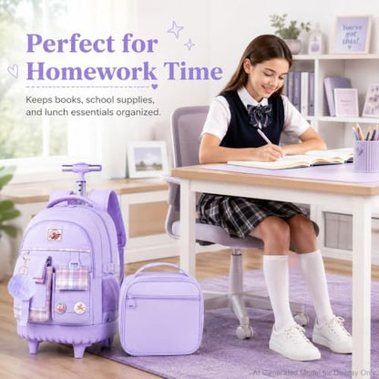 gxtvo 3PCS Girls Rolling Backpack, Women Roller Bookbag with Lunch Box for Adults, Water Resistant Wheeled School Bag for College Teens Kids Travel - Purple - color: 3pcs Set Purple
