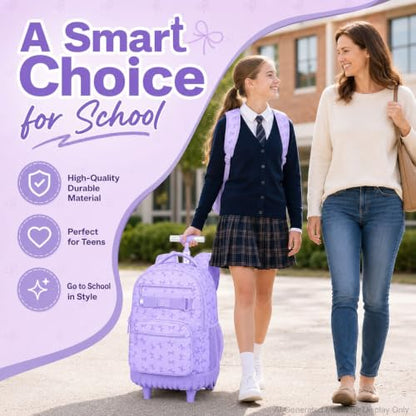 AGSDON Sophisticated Bow Print Rolling Bookbag for Girls Set – 20” Roller School Backpack with Matching Lunch Box for Travel, Commute | Water-Resistant Fashion Wheeled Organizer in Purple - color: Rolling Backpack Set - Bow Purple