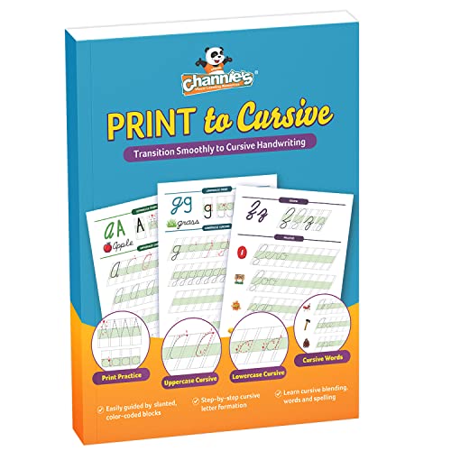 Channie's Print and Cursive Handwriting Workbook, Step-By-Step Uppercase & Lowercase Cursive Tracing Practice for Kids All Ages, Color-Coded, Easy to Follow Worksheets - style: Print to Cursive Workbook