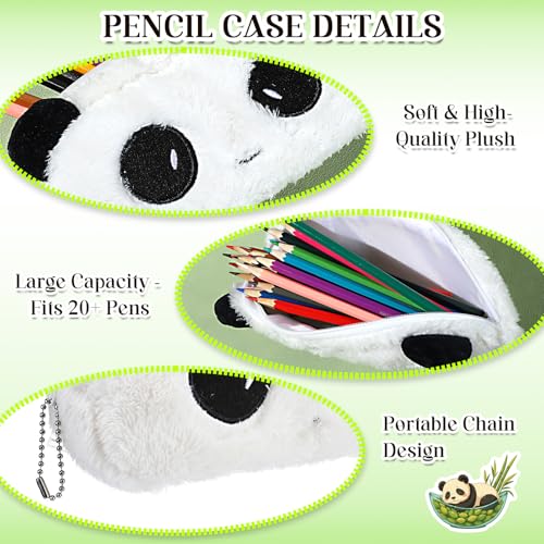 Cute Panda Stationery Set - Fluffy Plush Pencil Case, 4pcs Retractable Gel Pens (Black Ink) & 50pcs Kawaii Panda Stickers - Aesthetic School Supplies Gift for Girls, Teens, and Kids