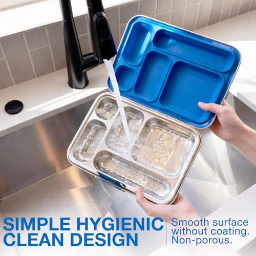 Stainless Steel Bento Box for Adults, 5 Compartment Leak-Resistant Lunch Box, Removable Silicone Seal, Snap Latch Lid, 4 Cup Metal Food Container with Utensil Section, Cerulean Blue
