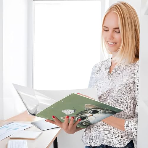 Fustylead Lovel Cat and Butterfly Sage Green 3 Ring Binder, D-Rings 1.5" Hardcover Folder, Fits 200 Sheets of A4 Paper, Durable Clipboard & Clean View with Inside Pockets for School Home Office - size: 12.4x10.63x2.36 Inch-1 Pack