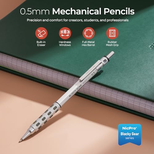Nicpro Blocky Gear 0.5 mm Mechanical Pencil Set in Case | Metal Pencil with Lead Refills, Eraser for Professional & Adult Art Writing Drafting Drawing - size: 0.5 mm