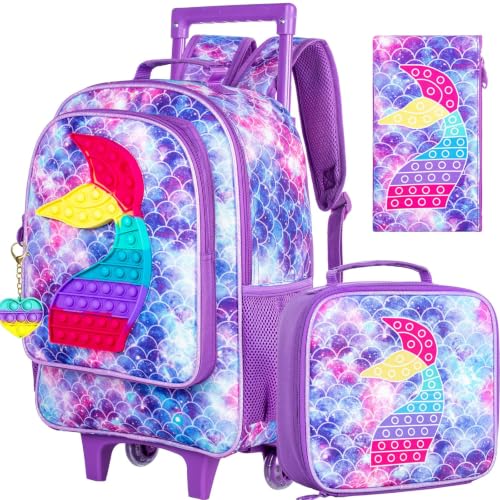 WZLVO 4PCS Rolling Backpack for Girls,Kids Mermaid Backpacks with Roller Wheels, Wheeled Bookbag with Lunch Box for Toddler Elementary School - color: Fish Rolling Purple