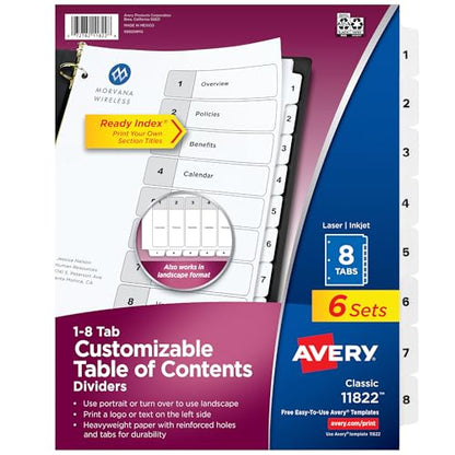 Avery 8 Tab Dividers for 3 Ring Binders, Customizable Table of Contents, Classic White Tabs, 6 Sets (11822) - size: 8 Tab