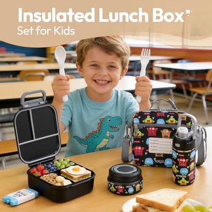 Itslife Bento Box for Kids Set, Insulated Food Container,Kids Lunch Box, 7 oz Thermos for Hot Food, 12 oz Thermos Water Bottle, Reusable Insulated Ice Bag & Fork Spoon Utensils Camping Travel Black - color: Black-MN
