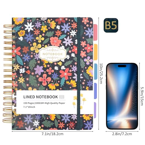 Hardcover Spiral Notebook 7.1"x10" Journal with Removable Divider Tabs, 150 Pages, 5 Subject Notebook, Ideal for Women Work Stationery, Pretty Student Planner, Meetings, Essential Notebooks, Tabbed Notebook, Aesthetic Subject Journal