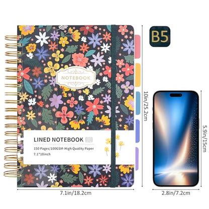 Hardcover Spiral Notebook 7.1"x10" Journal with Removable Divider Tabs, 150 Pages, 5 Subject Notebook, Ideal for Women Work Stationery, Pretty Student Planner, Meetings, Essential Notebooks, Tabbed Notebook, Aesthetic Subject Journal