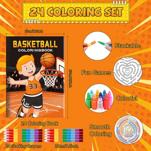 BenLouis 24 Basketball Mini Coloring Books Kids with 24 Stacking Crayons Basketball Party Favors Activity Books Bulk for Kids Sports Goodie Bag Gift Stuffer Classroom Reward - style: Basketball