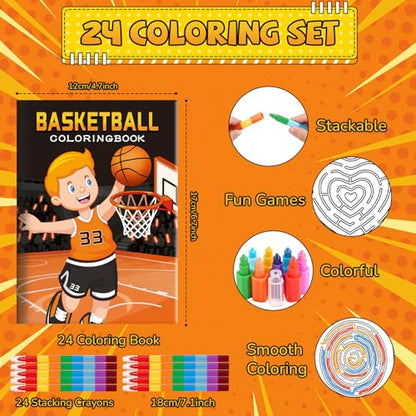 BenLouis 24 Basketball Mini Coloring Books Kids with 24 Stacking Crayons Basketball Party Favors Activity Books Bulk for Kids Sports Goodie Bag Gift Stuffer Classroom Reward - style: Basketball