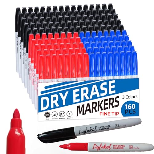 Fine Tip Dry Erase Markers 160 Pack Bulk, Black Red Blue Markers (80/40/40), Low Odor Perfect for Writing on Glass or Home School Office