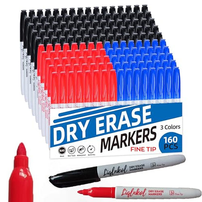 Fine Tip Dry Erase Markers 160 Pack Bulk, Black Red Blue Markers (80/40/40), Low Odor Perfect for Writing on Glass or Home School Office
