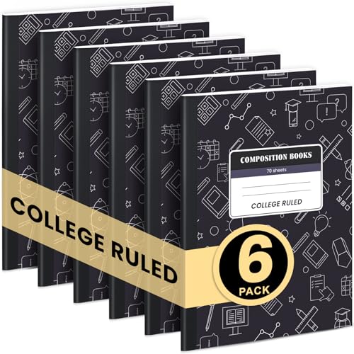 Oucaru Composition Notebook 6 Pack College Ruled, Black Cover Notebooks for School, 70 Sheets 7-1/2"x9-3/4, Back to School Supplies Journal for K-12 Students - color: Black, size: 6 Pack