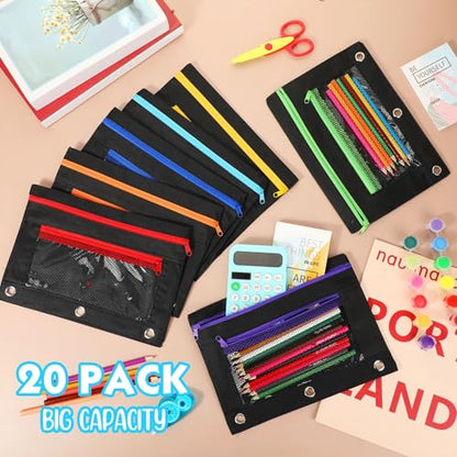 Zhehao 200 Pcs Pencil Pouches for 3 Ring Binder, Bulk Zipper Pencil Pouch Pen Case with Mesh Window Cloth Double Pocket 3 Hole Bag for Storing School Office Supplies (Black) - color: Black