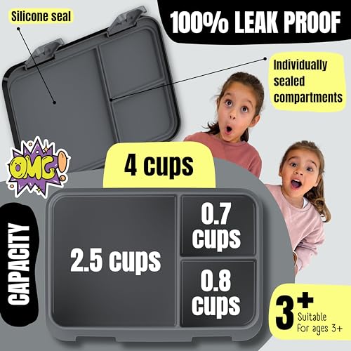 BEARFOOT Kids Lunch Box with Compartments – Compact & Lightweight | Leak-Proof, BPA-Free, Dishwasher Safe | Hand-Drawn Design for Preschool, School, Travel (Dinos Black, 4 Cups) - color: Dinos-Black, size: 4 Cups