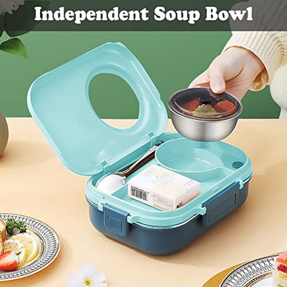3 Compartments Bento Lunch box with Soup Bowl, Insulated Lunch Bag and Portable Utensils, Stainless Steel Camera Lunch Containers，Leak Proof Bento Box for Adults Men Women… - color: 900ml-Blue