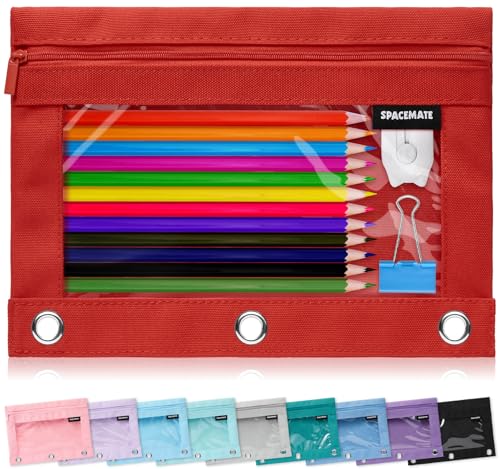 SPACEMATE Binder Pencil Pouch Case Box Bag for 3 Ring Binder School Supplies Girls Boys Kids, Clear Preppy Stuff Large Aesthetic Pen Organizer, Back to College Stationary, 1 Pack, Red - color: Red