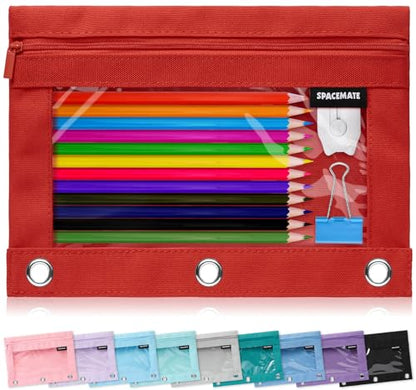 SPACEMATE Binder Pencil Pouch Case Box Bag for 3 Ring Binder School Supplies Girls Boys Kids, Clear Preppy Stuff Large Aesthetic Pen Organizer, Back to College Stationary, 1 Pack, Red - color: Red