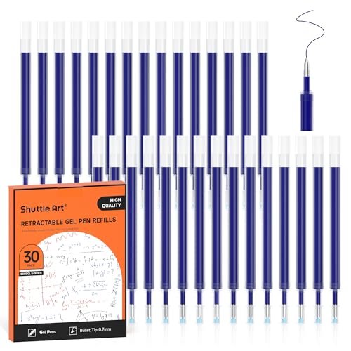 Shuttle Art Retractable Gel Pen Refills, 30 Pack Blue Rollerball Gel Ink Pens Refills, Bulk Set, 0.7mm Fine Point for Writing Journaling Taking Notes School Office Home - color: Blue, size: 30 Count (Pack of 1)