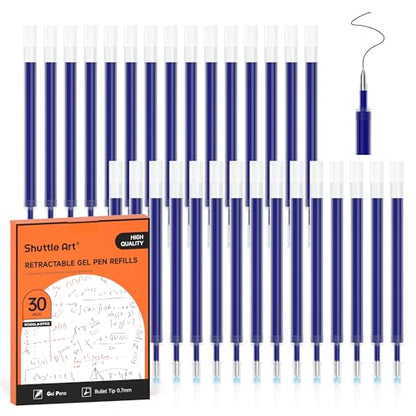 Shuttle Art Retractable Gel Pen Refills, 30 Pack Blue Rollerball Gel Ink Pens Refills, Bulk Set, 0.7mm Fine Point for Writing Journaling Taking Notes School Office Home - color: Blue, size: 30 Count (Pack of 1)
