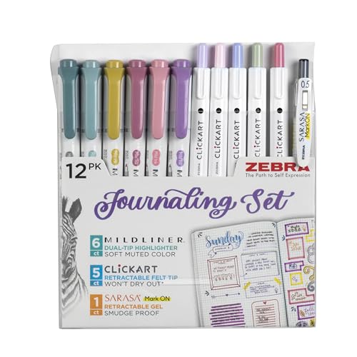 Journaling Kit: 6 Mildliner Highlighters + 5 ClickArt Markers + 1 Sarasa Mark-On Pen by Zebra Pen - style: Creative Journaling Set 10 Pack