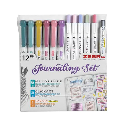 Journaling Kit: 6 Mildliner Highlighters + 5 ClickArt Markers + 1 Sarasa Mark-On Pen by Zebra Pen - style: Creative Journaling Set 10 Pack