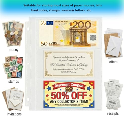 Aegero 50 Pack （7.6x3.6inch ） 3 Pockets Currency Sleeves for 3 Ring Binder, Currency Collection Sleeves, Cash Collecting Album Refill Page, for Collecting Dollar Bills, Paper Money,and Coupons - size: 7.6x3.6inch-3pocket, style: 50 pack