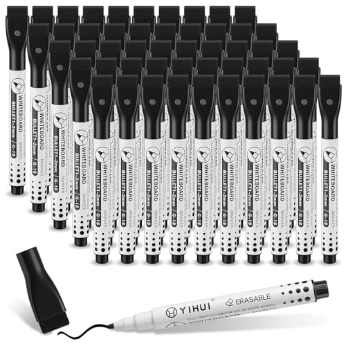 50 Pack Black Magnetic Dry Erase Markers, Fine Point Whiteboard Markers with Eraser Caps, Low Odor Bulk Set for Office, Home, and Planning Boards