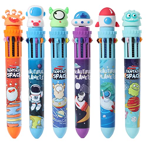 Multicolor Ballpoint Pen 0.7 mm, 10-in-1 Colored Pens Fine Point Retractable Cartoon Space Ballpoint Pens for School Office Supplies Students Kids Birthday Gifts, 6 Pack - color: Space