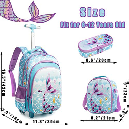 Meetbelify Girls Rolling Backpack Wheels Backpacks Kids Luggage for Elementary Preschool Students Cute Suitcase Trolley Trip Wheeled Mermaid Backpack with Lunch Box for Girls - color: 01 Blue Mermaid