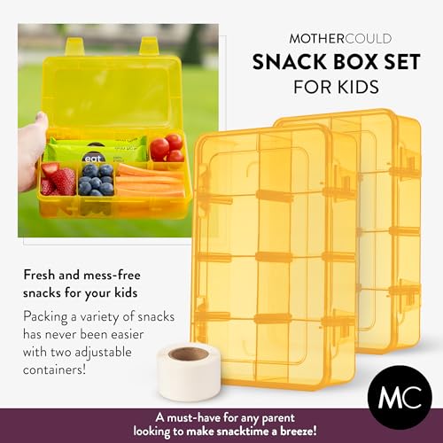 Snack Box Containers Set of 2-Reusable,100 Dissolvable Labels, 8 Adjustable Compartments, Dishwasher Safe, BPA-Free, Meal Prep Container, PARENT TESTED PARENT APPROVED AWARD (2 Pack) (Yellow) - color: Yellow, size: Small