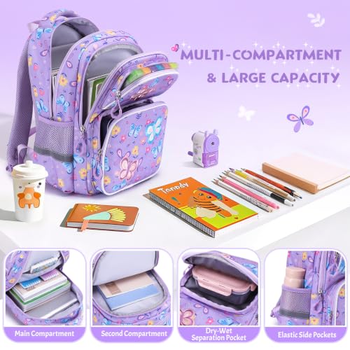Kids Backpack for Girls 4-8, Cute 3D Embroidered Butterfly Toddler Backpack with 34oz Lunch Box, Insulated Bag, Pen Case & Utensils, School Bookbag for Preschool Kindergarten Elementary - color: Butterfly