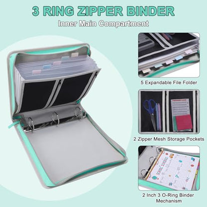 Ndsox Zipper Binder 3 Ring with Handle, 2 Inch O-Ring Document Organizer Middle School Binder with Zipper for Students, 5-Tab Expanding File Folder & 2 Mesh Pouches, DIY Clear Front Pocket, Mint Green - color: Mint Green