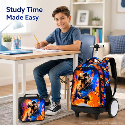 KLFVB Big Quiet-Glide Wheels Rolling Backpack, 3-in-1 Roller Bag Set with Lunch Bag | Water-Resistant Wheeled Bookbag for Boys, School, Travel, Play - Flame T-Rex - color: Rolling Backpack with Big Wheels - Flame T-Rex