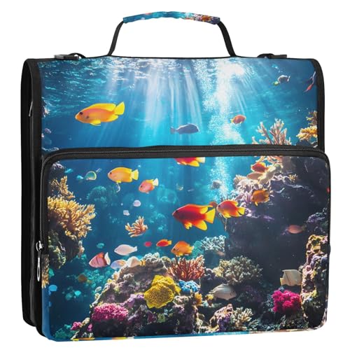 3 Ring Zipper Binder with Shoulder Strap Underwater Fish Ocean Nautical Coastal 2 Inch Zippered Binder Bag 500 Sheet Capacity Multi Pockets for School Supplies - color: Multi26