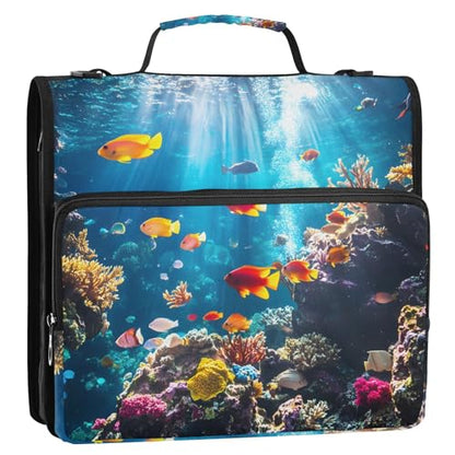 3 Ring Zipper Binder with Shoulder Strap Underwater Fish Ocean Nautical Coastal 2 Inch Zippered Binder Bag 500 Sheet Capacity Multi Pockets for School Supplies - color: Multi26