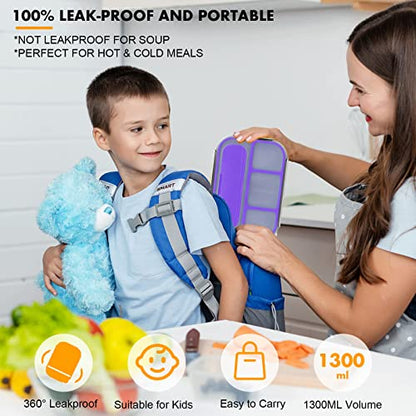 Yumuk Bento Box for Kids, 1300ML Lunch Box Kids with 4 Compartment & Food Picks Cake Cups, Lunch Box Containers for Adults/Kids/Toddler, Leak-Proof (Purple) - color: Purple