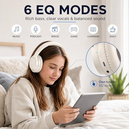 MIDOLA Bluetooth Headphones Over Ear, 68H Playtime Wireless Headphones with Microphone, 6 EQ Modes, HiFi Stereo Deep Bass, Foldable Lightweight Headset for Home Office, Cellphone, PC, White - color: Milk White