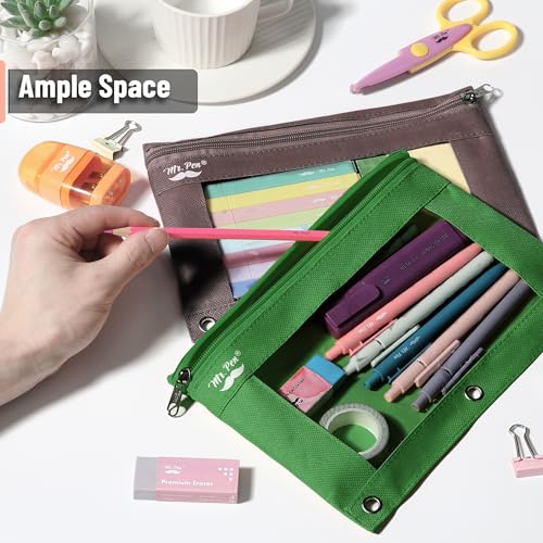 Mr. Pen- Pencil Pouch for 3 Ring Binder, 2 Pack, 10"x6.75", Smooth Zipper | Clear Window, Large Capacity Pencil Case with 3 Reinforced Grommets for School, Office, Supplies Storage | Clear Window, Large Capacity Pencil Case with 3 Reinforced Grommets for