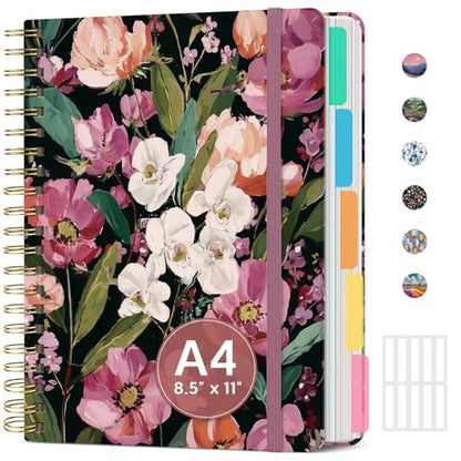 Large Spiral Lined Notebook for Work with Dividers & Tabs, 8.5"x11" Hardcover 5 Subject Notebook, College Ruled, 280 Pages, Blush Garden - color: C - Blush Garden