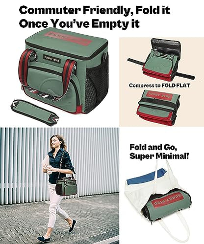 SUNNY BIRD 12L Large Insulated Lunch Bag, Foldable Lunch Cooler Box for Women Adult and Men, Fits 18 Cans (Green with Boho Strap) - color: Green with boho strap