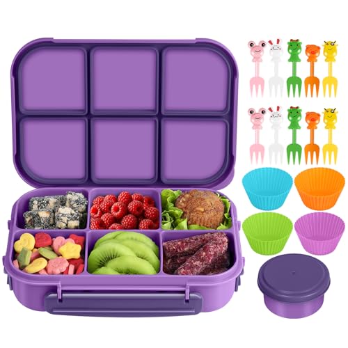 Amathley Lunch Box Kids Girls Boys,Bento Box Adult,Toddler Lunch Containers for School,Leakproof Snack Containers with 6 Compartments,Sauce Container,10 Food Picks and 4 Muffin Cups (Purple) - color: Purple