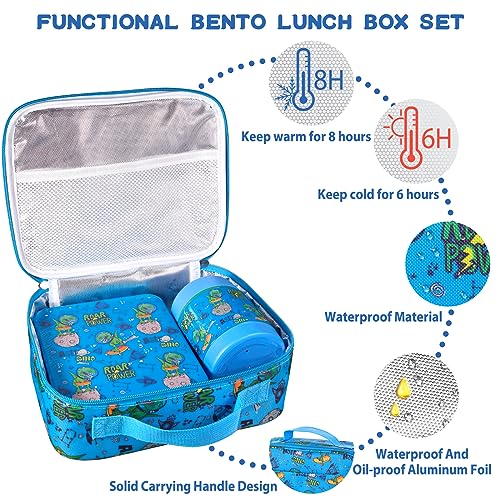 Bento Lunch Box Set for Kids with 10oz Soup Thermo, Leak-Proof Lunch Containers with 4 Compartment, Kids Thermo Hot Food Jar and Insulated Lunch Bag for Kid to School,BPA-Free(Dragon) - color: Blue-Tyrannosaurus Rex